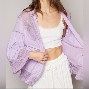 POL Purple Oversized Bell Sleeve Open Front Knit Cardigan Lace Contrast